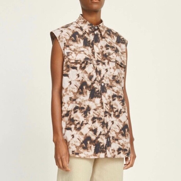 New SAMSOE SAMSOE Oversized Sleeveless Button Down Shirt Camo Clay Size XXS - Picture 2 of 16